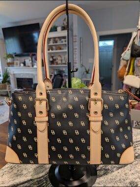 Dooney & Bourke Boston Monogram Satchel with Tan Trim